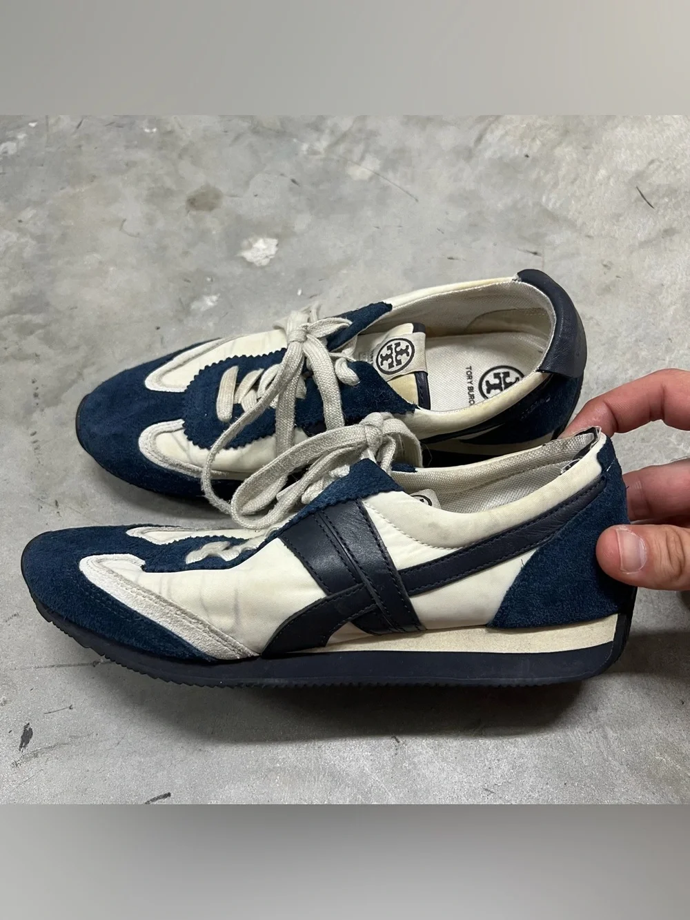 Tory Burch Tory Sneaker Navy White Blue Nylon Suede Women's Size 7 READ DESCRIPT