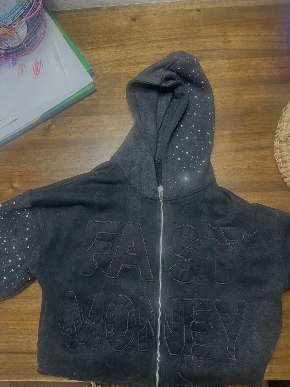 Men’s Black Zip Hoodie with 'FAST MONEY' Embroidery