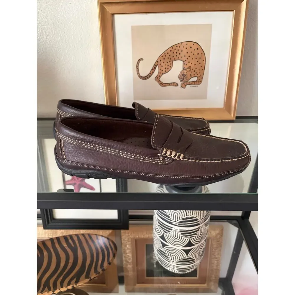 L.L.Bean Mens 10 D Brown Leather Penny Loafers Vibram Driving Moc Slip On Shoes