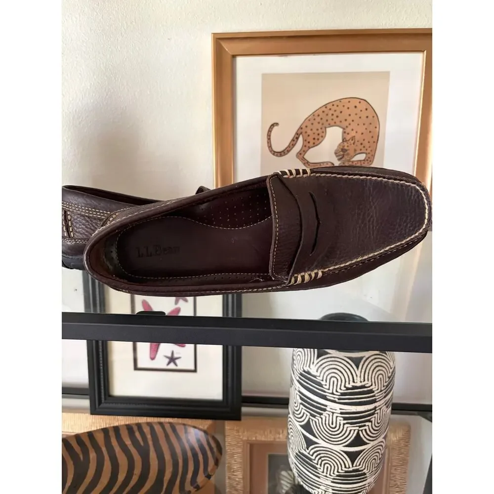 L.L.Bean Mens 10 D Brown Leather Penny Loafers Vibram Driving Moc Slip On Shoes