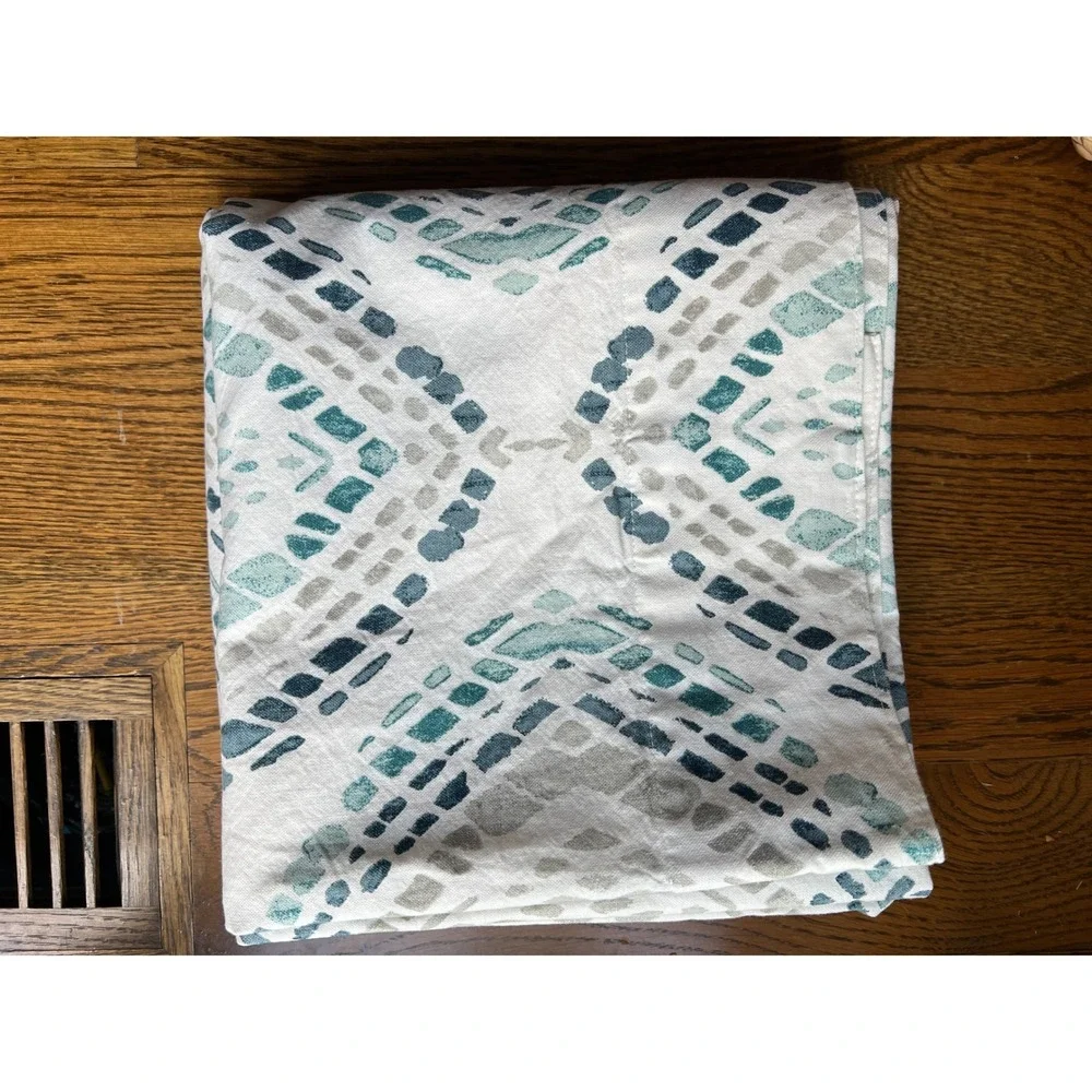 2 West Elm Curtains Cotton Canvas Mosaic Medallion 48x96 White Teal Blue Ikat
