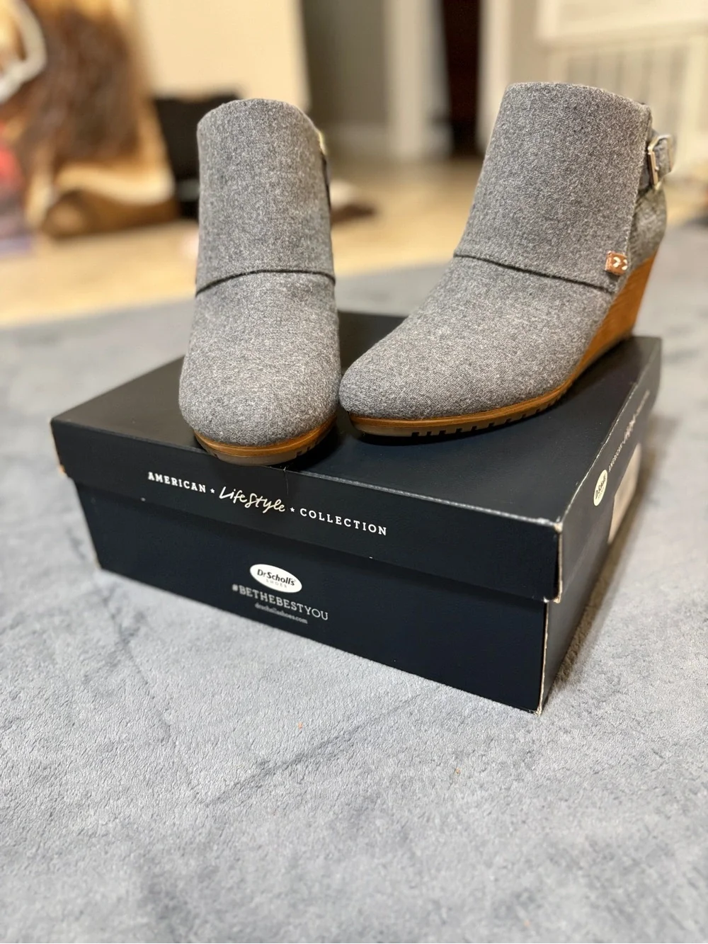 Dr. Scholl's Gray Fabric Wedge Ankle Boots with Wood-Tone Heel