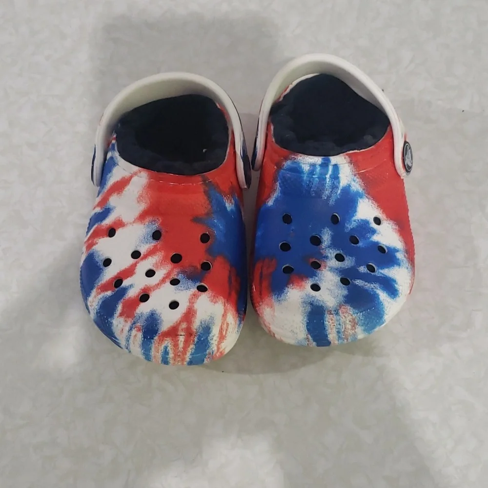 Toddler Crocs Red White Blue Tie‎ Dye Fur Lined Clog Shoes size C5