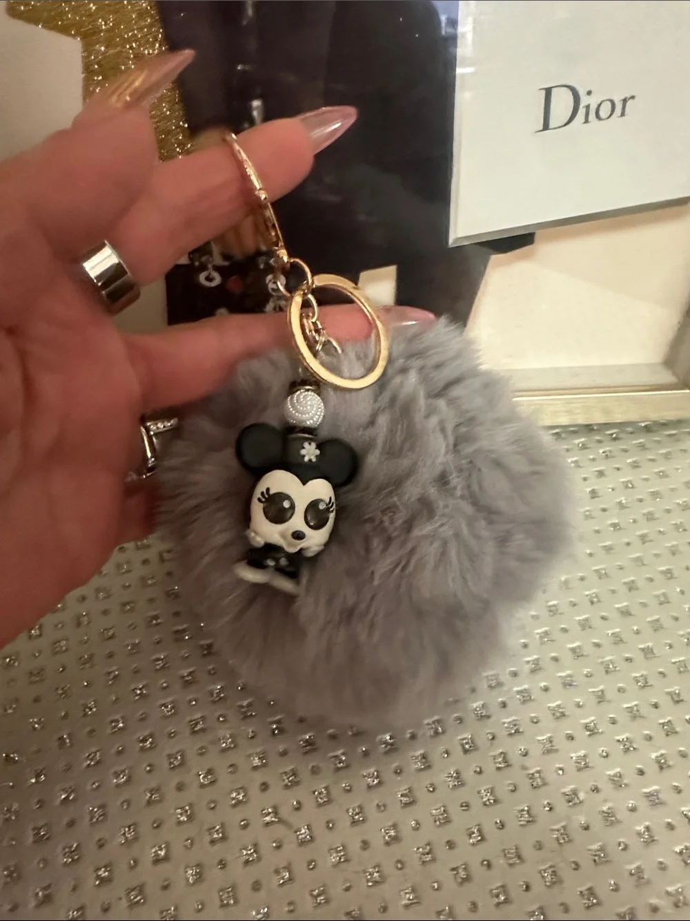 Minnie  Gray Fur Pom Pom Keychain with Black & White Charm
