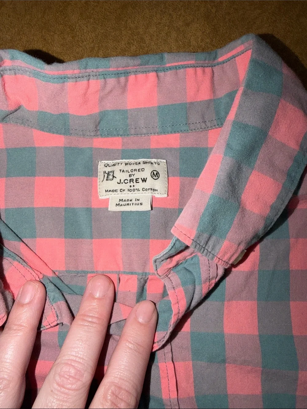 J. Crew Pink and Green-Gray Short-Sleeve Check Button-Down Shirt • Pocket • M