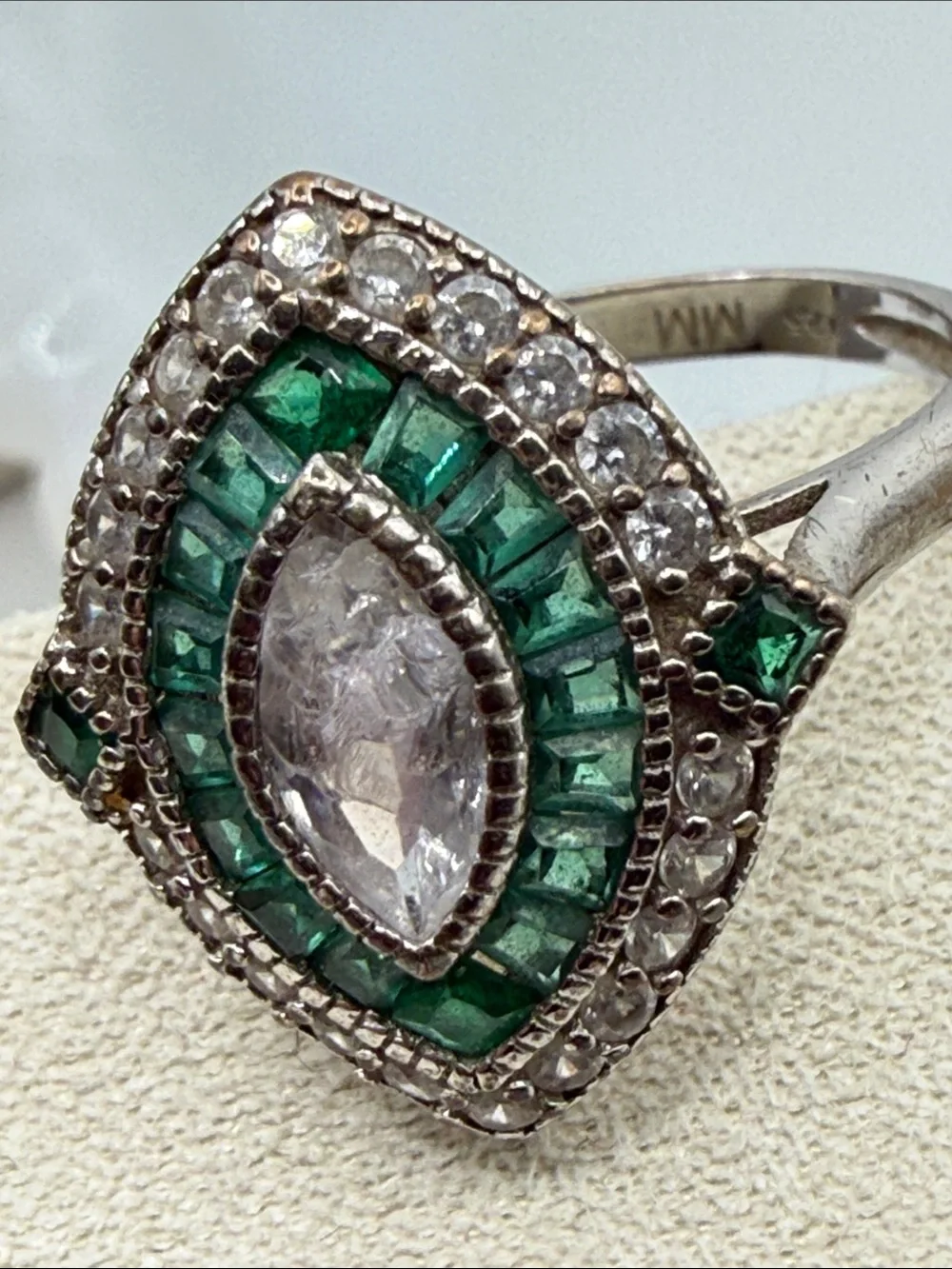 Emerald color Halo Marquise Ring Green & White art deco Statement 925 stamp Sz 5