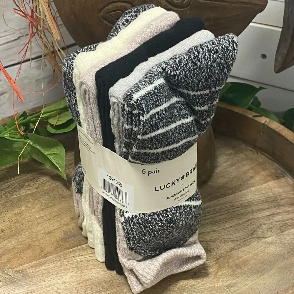 6 Pair Lucky Brand Super Soft Boot Sock for Women's Shoe Size 5-10 Black Gray