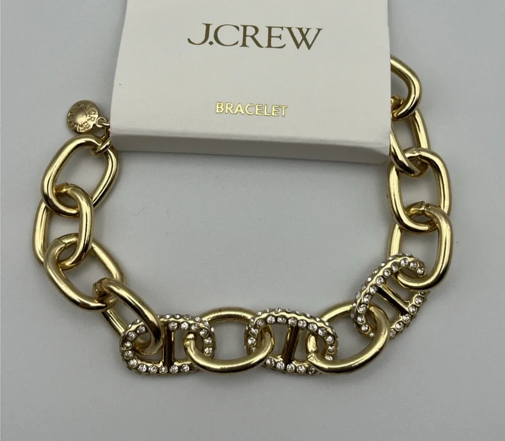J Crew Chain Link Bracelet Gold Tone Pave Crystal Accent Adjustable Chunky Luxe