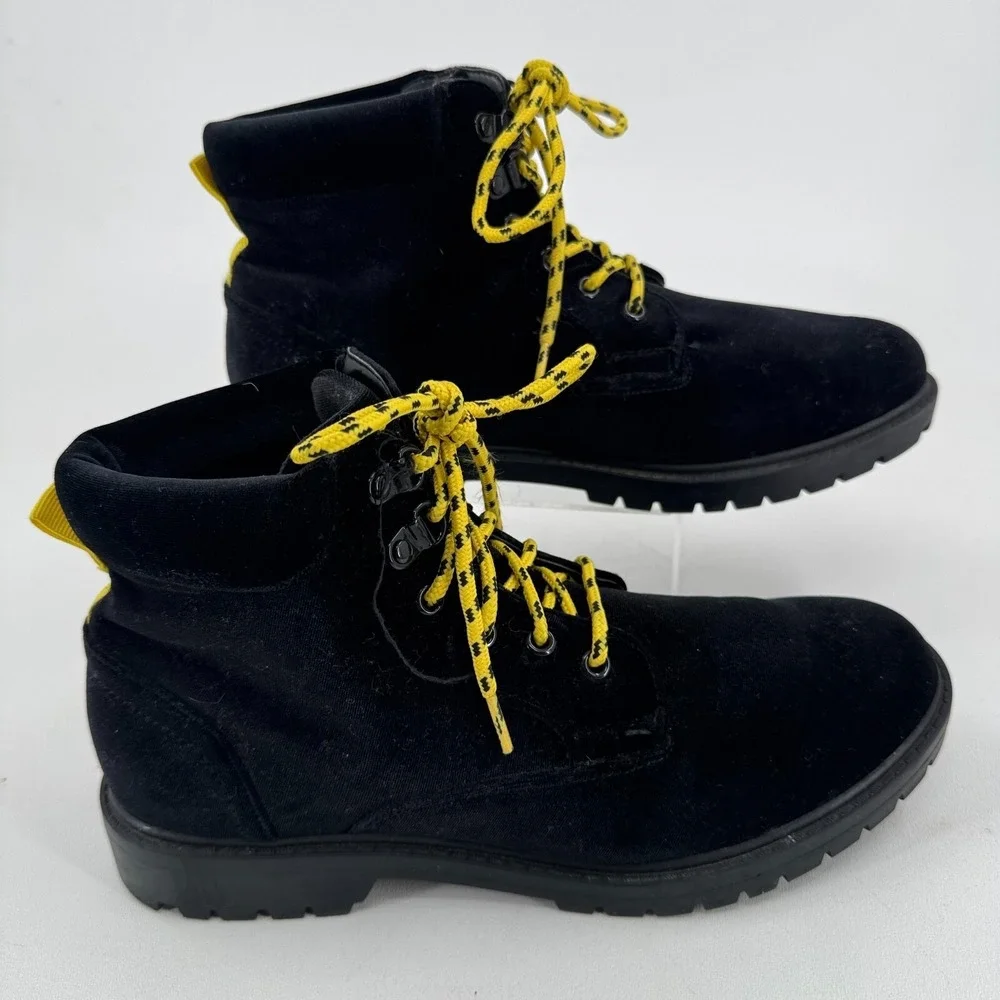 ASOS Design Hiking Boots MENS Black Velvet with Yellow Contrast Lace Up SIZE 9
