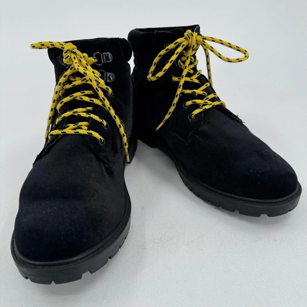 ASOS Design Hiking Boots MENS Black Velvet with Yellow Contrast Lace Up SIZE 9