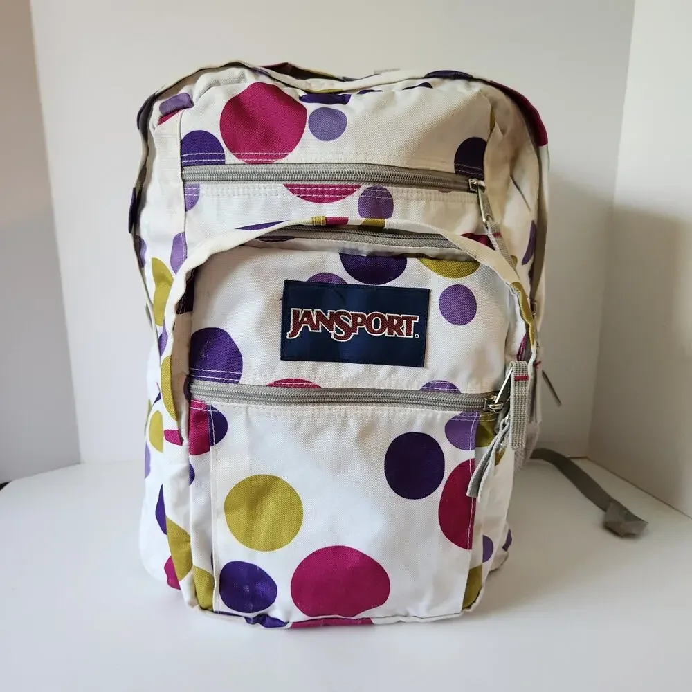 Y2K Jansport White Polka Dot Backpack Pink Purple Gold School Book Bag Large