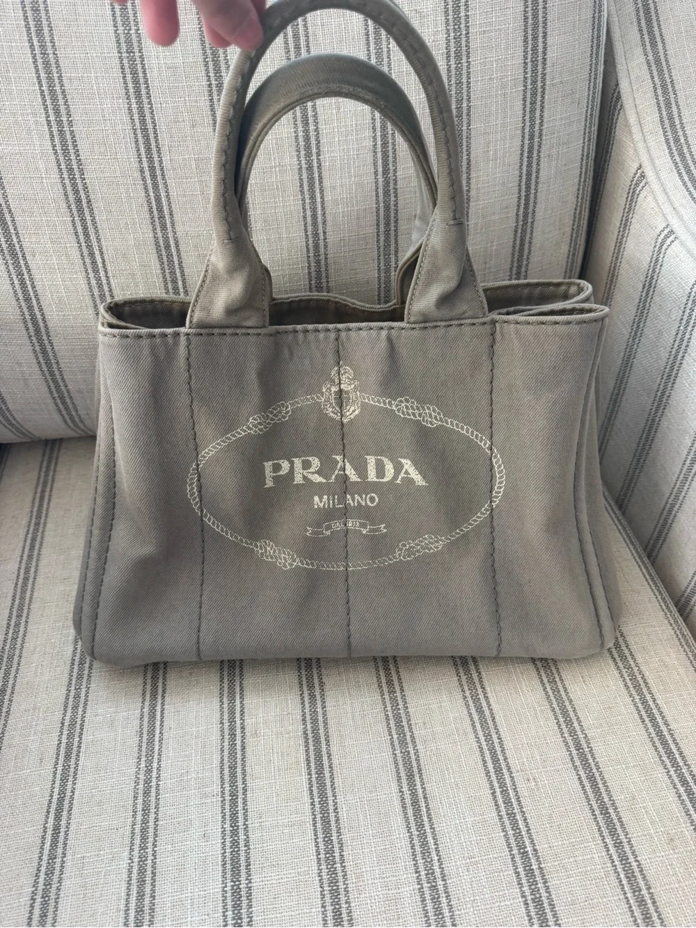 Prada Canvas Tote in Taupe Gray with White Logo