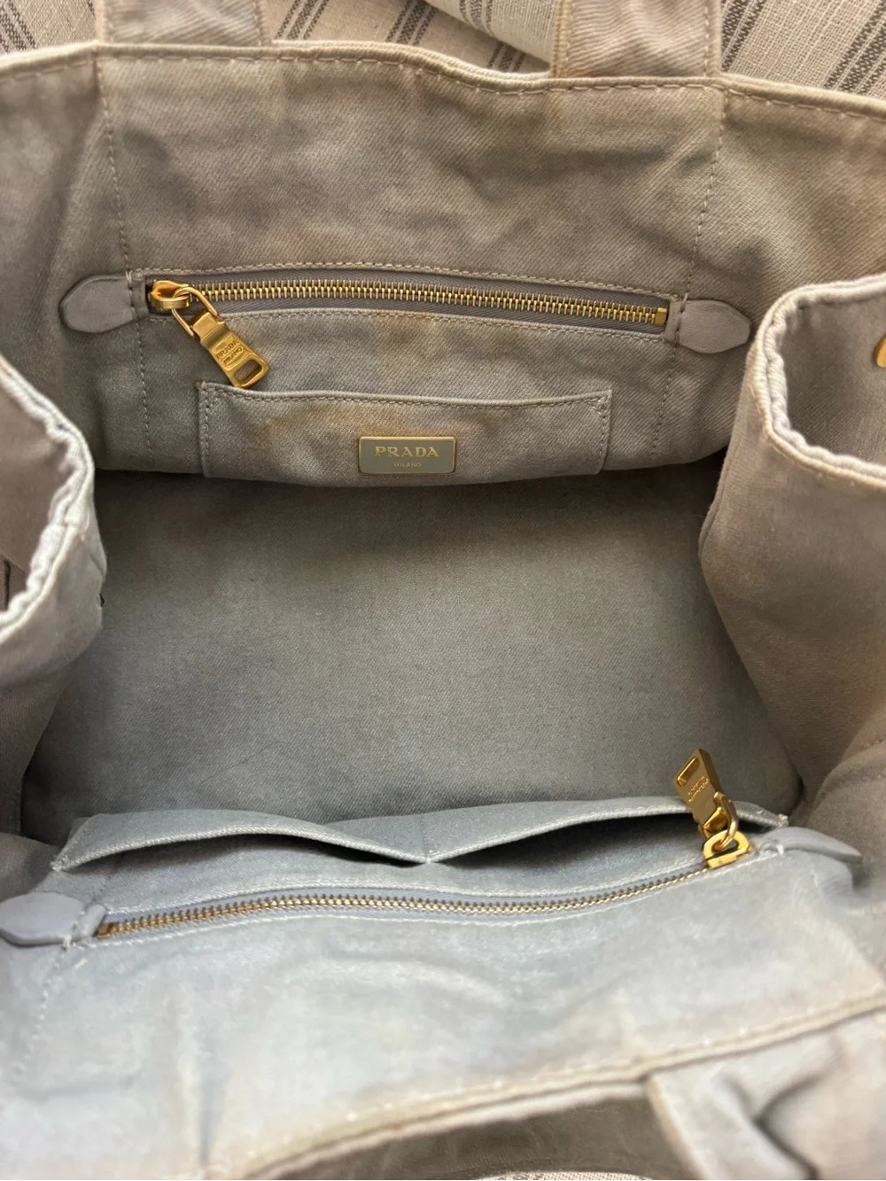 Prada Canvas Tote in Taupe Gray with White Logo