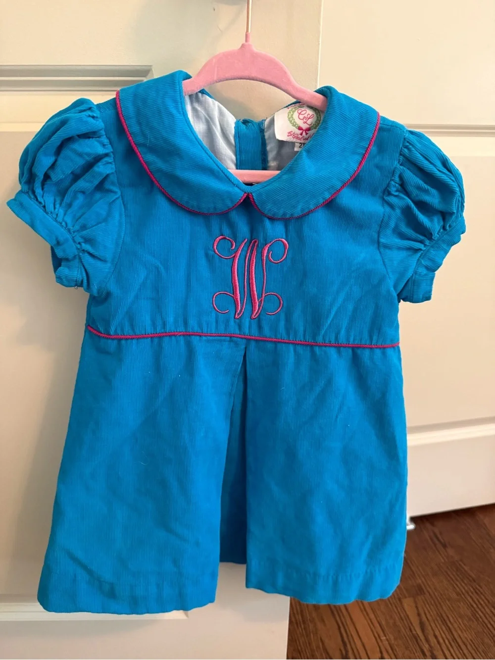 Bright Teal Girls Dress with Pink Piping and W Monogram