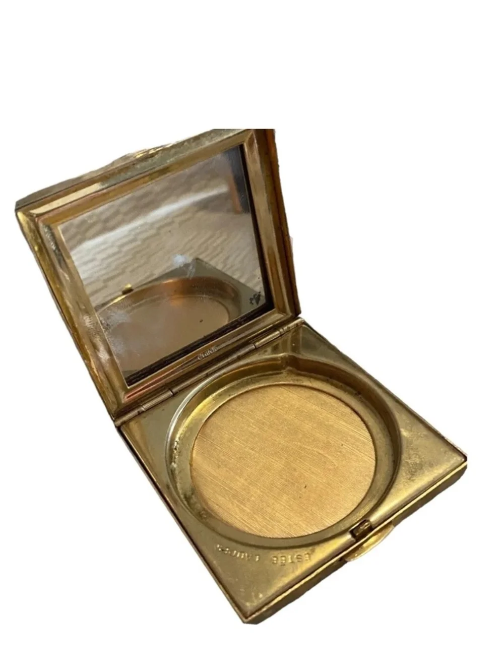 Vtg Estee Lauder Gold Tone Compact Wavy Textured Case Mirror Makeup Glam Purse