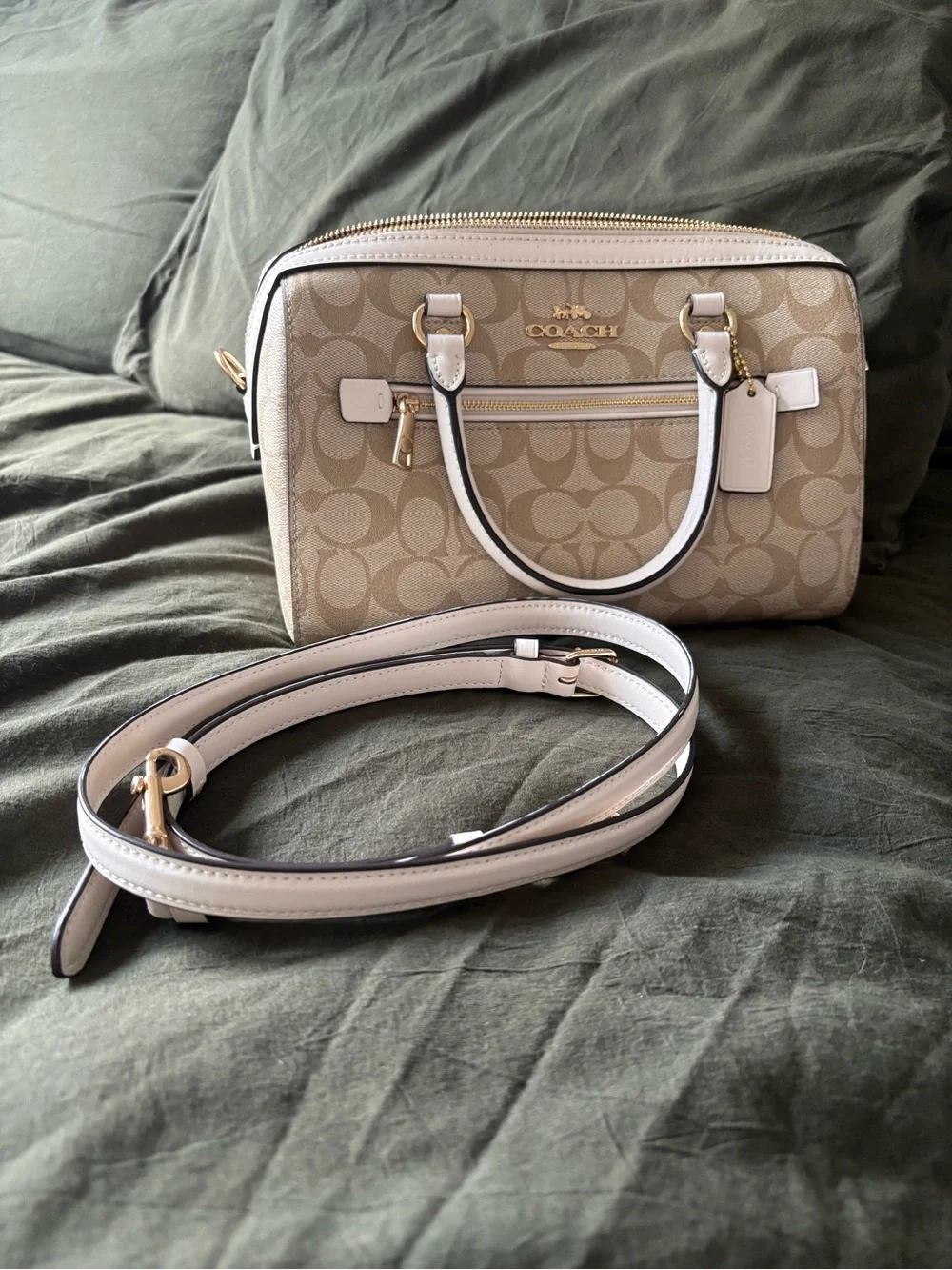 Coach Signature Canvas Satchel in Beige with White Trim