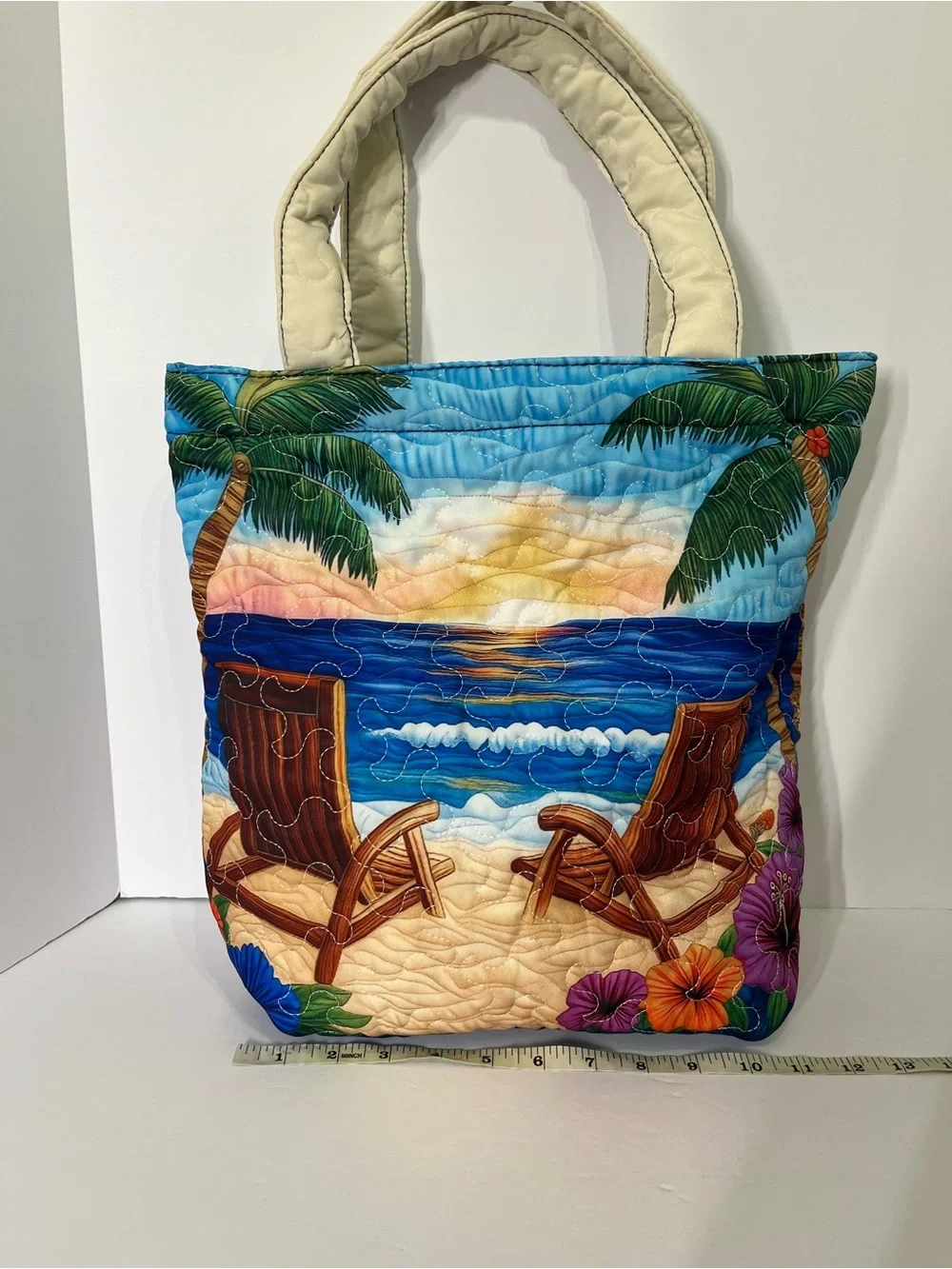 Quilted “Palm Island Paradise” Beach Scene Tote Bag in Multi-Color