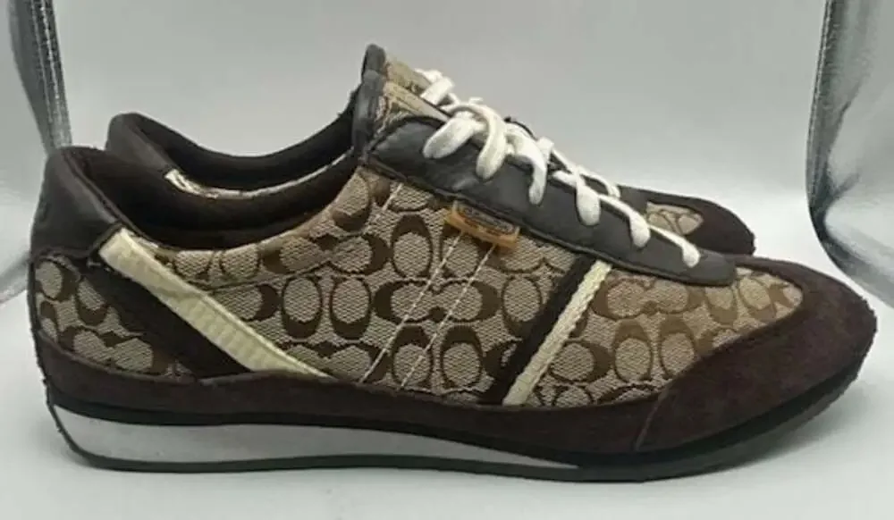 Coach Signature C Logo Canvas and Suede Sneakers in Brown