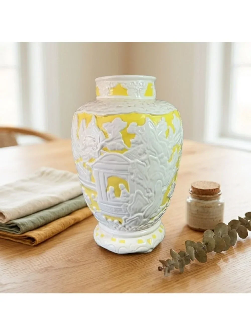 Vintage Stangl Pottery Chinoiserie Vase Yellow White Pagoda Relief Irene 11
