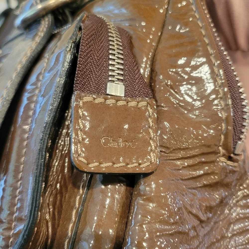 Chloe Bay Quilted Patent Leather Satchel Bag.