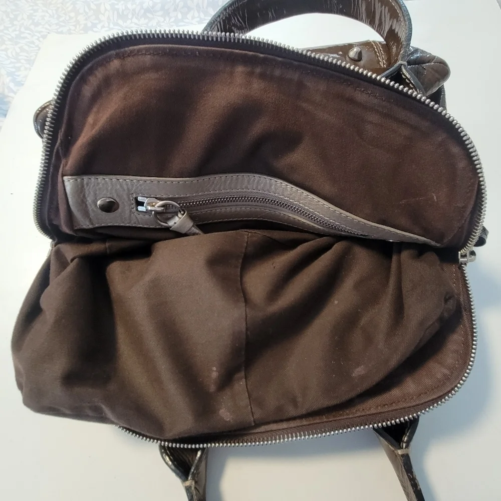 Chloe Bay Quilted Patent Leather Satchel Bag.