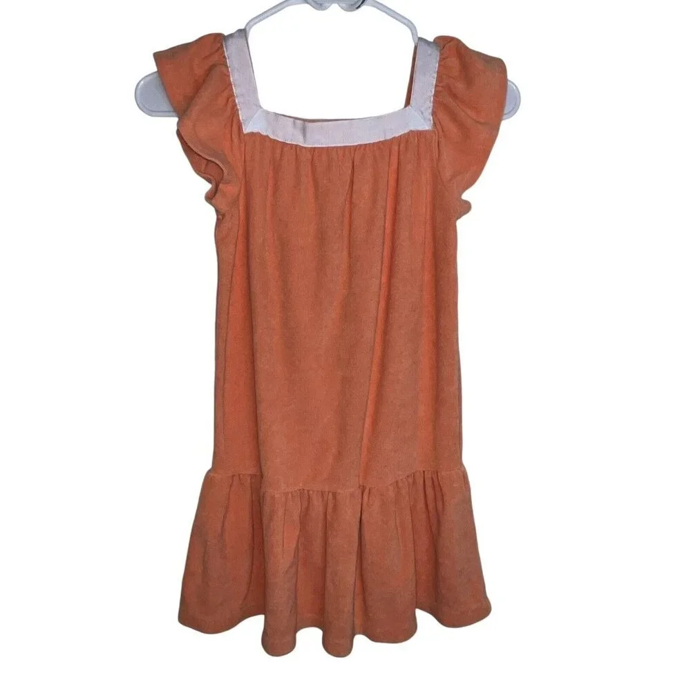JANIE AND JACK TERRY SWIM COVERUP CORAL‎ ORANGE GIRLS SIZE 7 DRESS RUFFLE BEACH