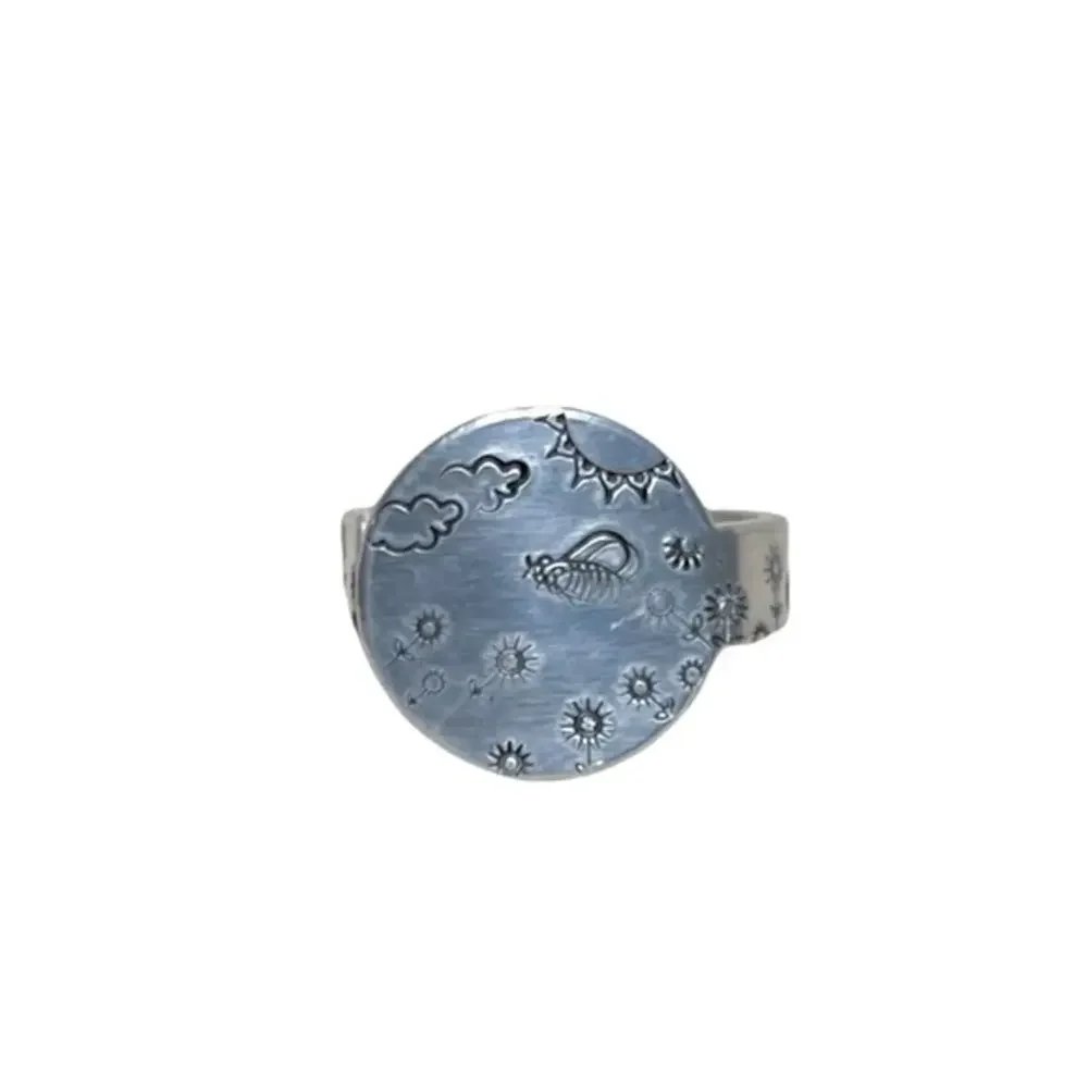 Handmade 9 stamped boho floral silver adjustable hypoallergenic‎ medallion ring