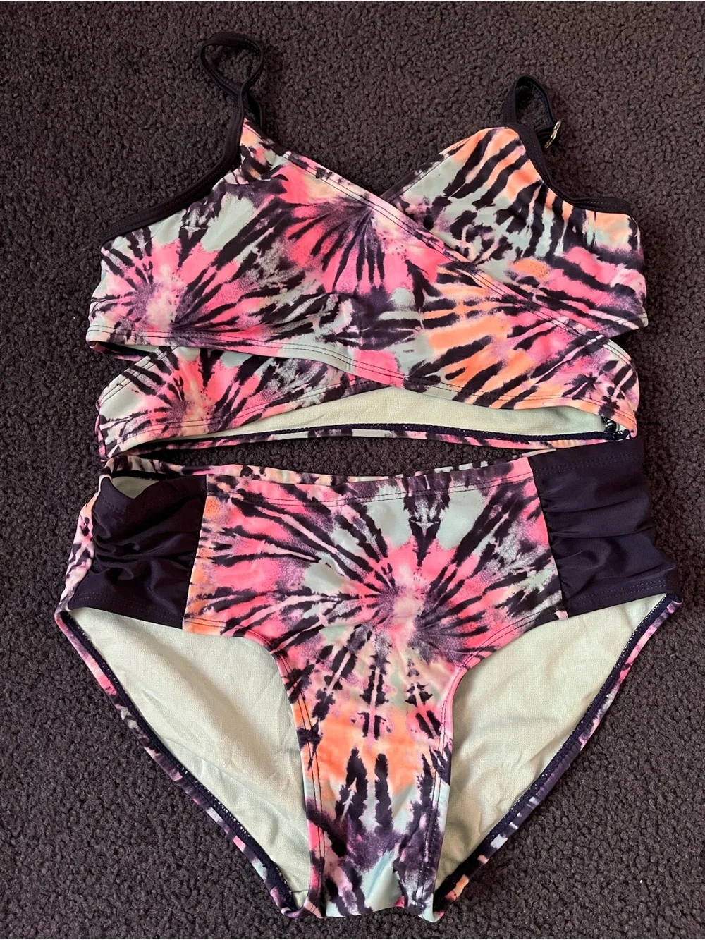 Justice High Waist Tie-Dye Bikini Set in Pink, Purple, Mint