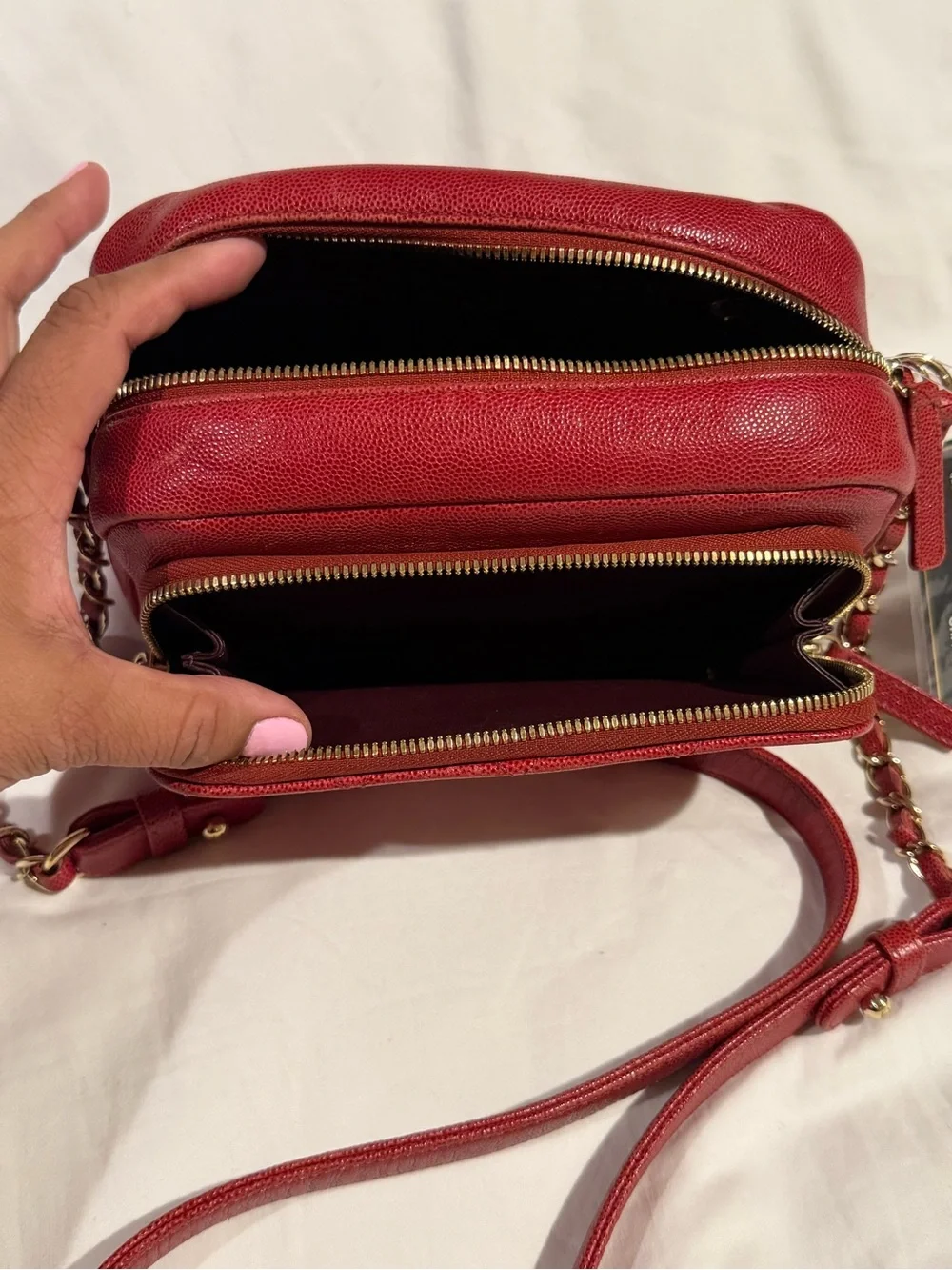 CHANEL Red Quilted Leather Camera Crossbody with Gold Hardware
