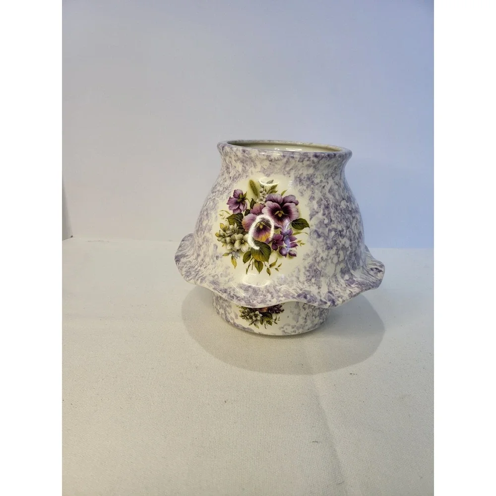 Purple Floral Pansy Ceramic Jar Candle Lamp Shade and Base Set 2 Piece