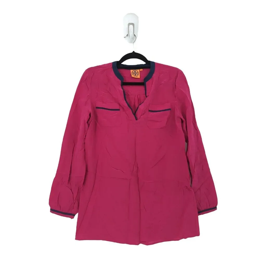 Tory Burch Women 6 Blouse Magenta Pink Contrast Long Sleeve V Neck Silk FLAW