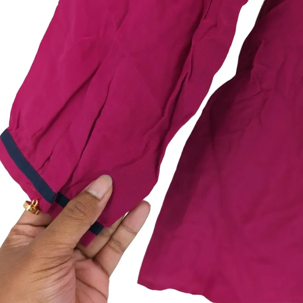 Tory Burch Women 6 Blouse Magenta Pink Contrast Long Sleeve V Neck Silk FLAW