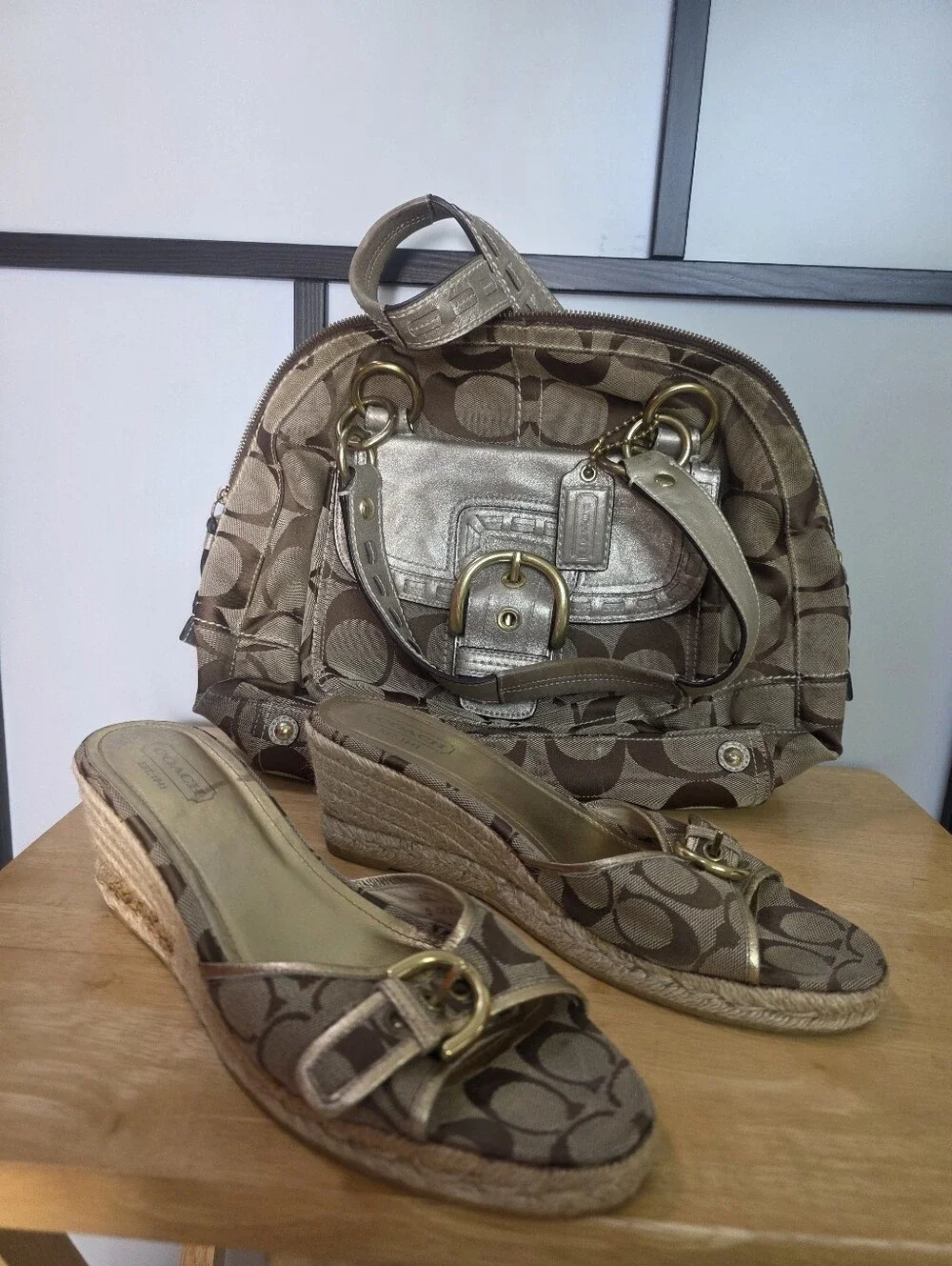 Classic Coach Signature Canvas Mini Satchel & Wedge Sandals Size 11 - Khaki/Tan