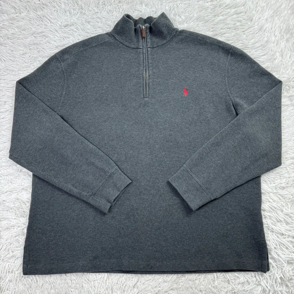 Polo Ralph Lauren Sweater Mens Extra Large Gray‎ 1/4 Zip 100% Cotton Pony Preppy
