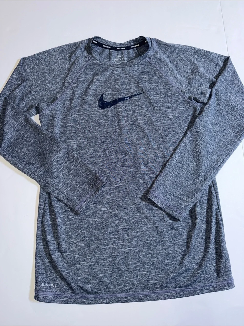 Nike Heather Gray Long Sleeve Dri-FIT Top with Navy Swoosh XL Kids