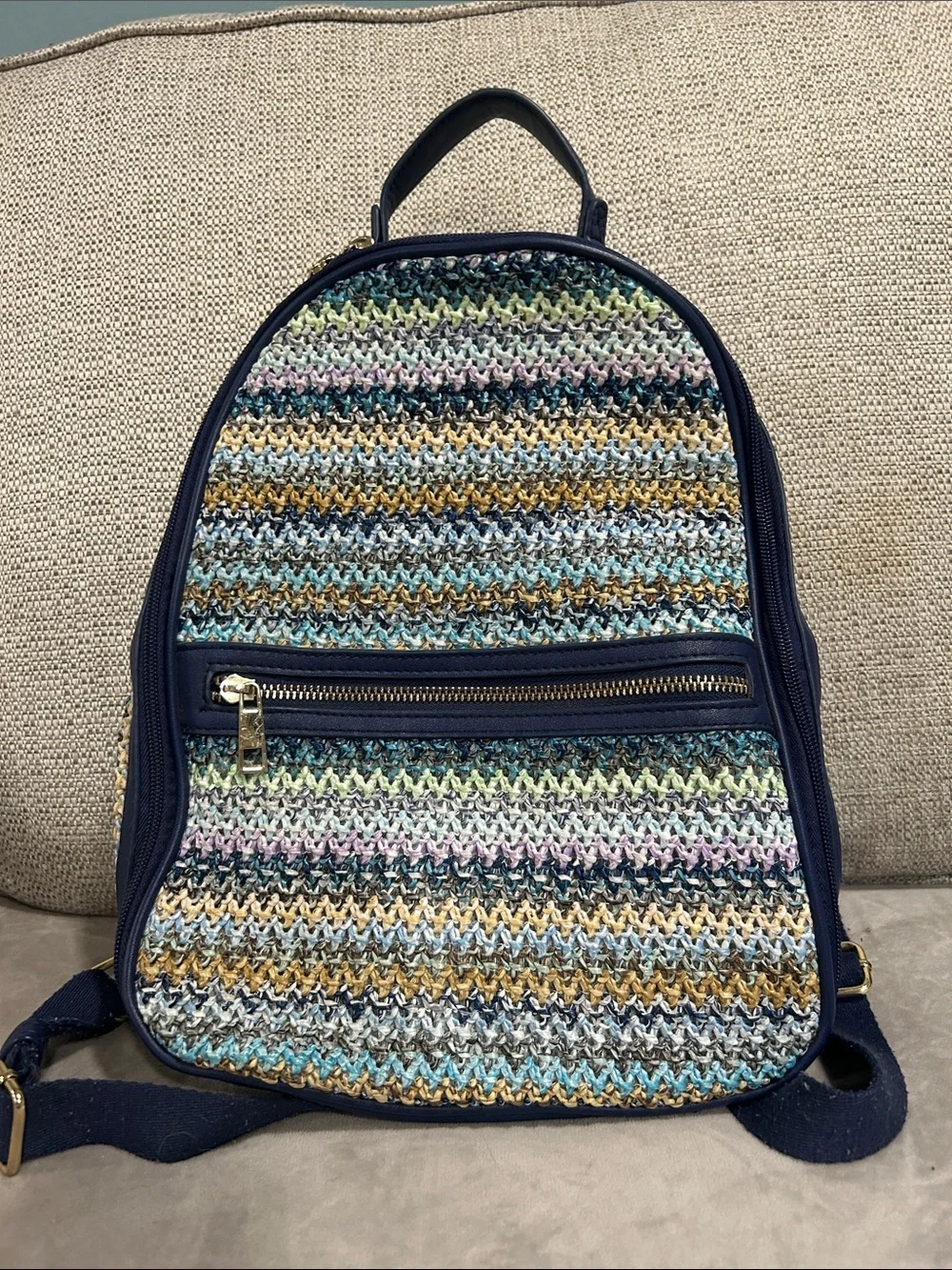 Tommy Bahama Multicolor Striped Woven Mini Backpack with Navy Trim