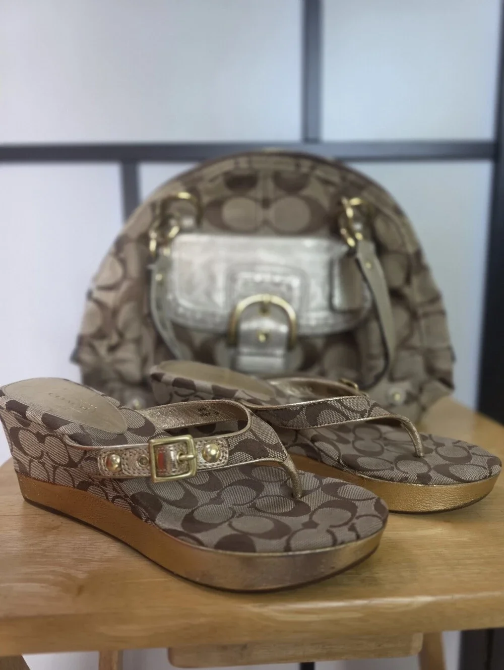 Coach Brown Signature Canvas Handbag And Wedge Thong Sandals Size 11