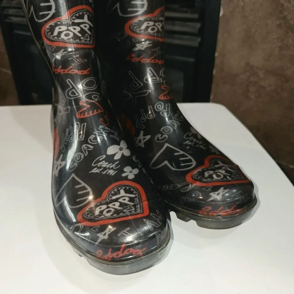 COACH POPPY Pixy Sz 6 Jelly Black All Over Logo ❤️ Outdoor Mud Rubber Rain Boots