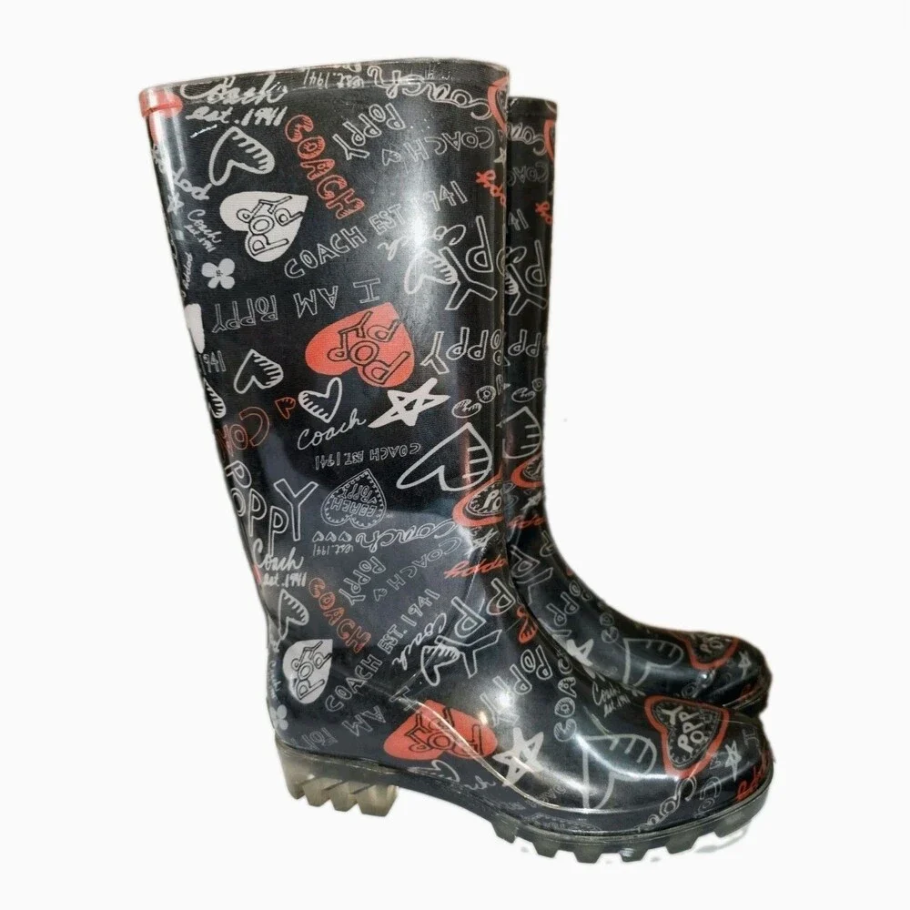 COACH POPPY Pixy Sz 6 Jelly Black All Over Logo ❤️ Outdoor Mud Rubber Rain Boots