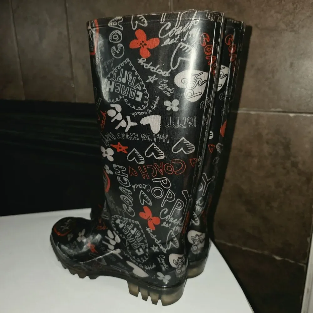 COACH POPPY Pixy Sz 6 Jelly Black All Over Logo ❤️ Outdoor Mud Rubber Rain Boots
