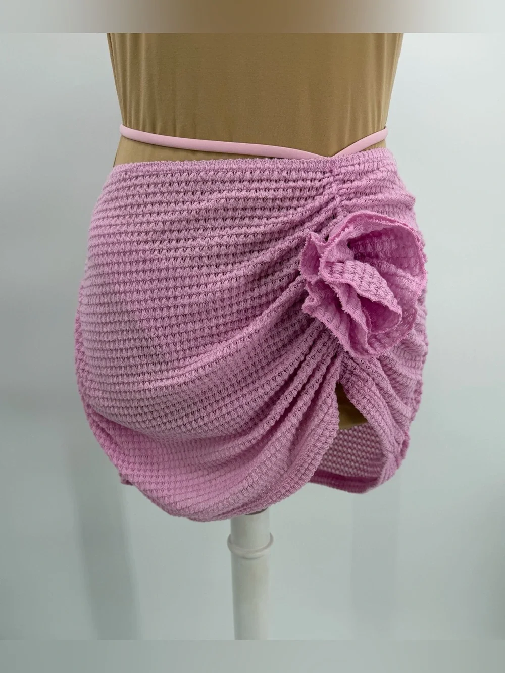 Pink Rosette flower 3 Piece bikini set cover up skirt Textured S vacation resort