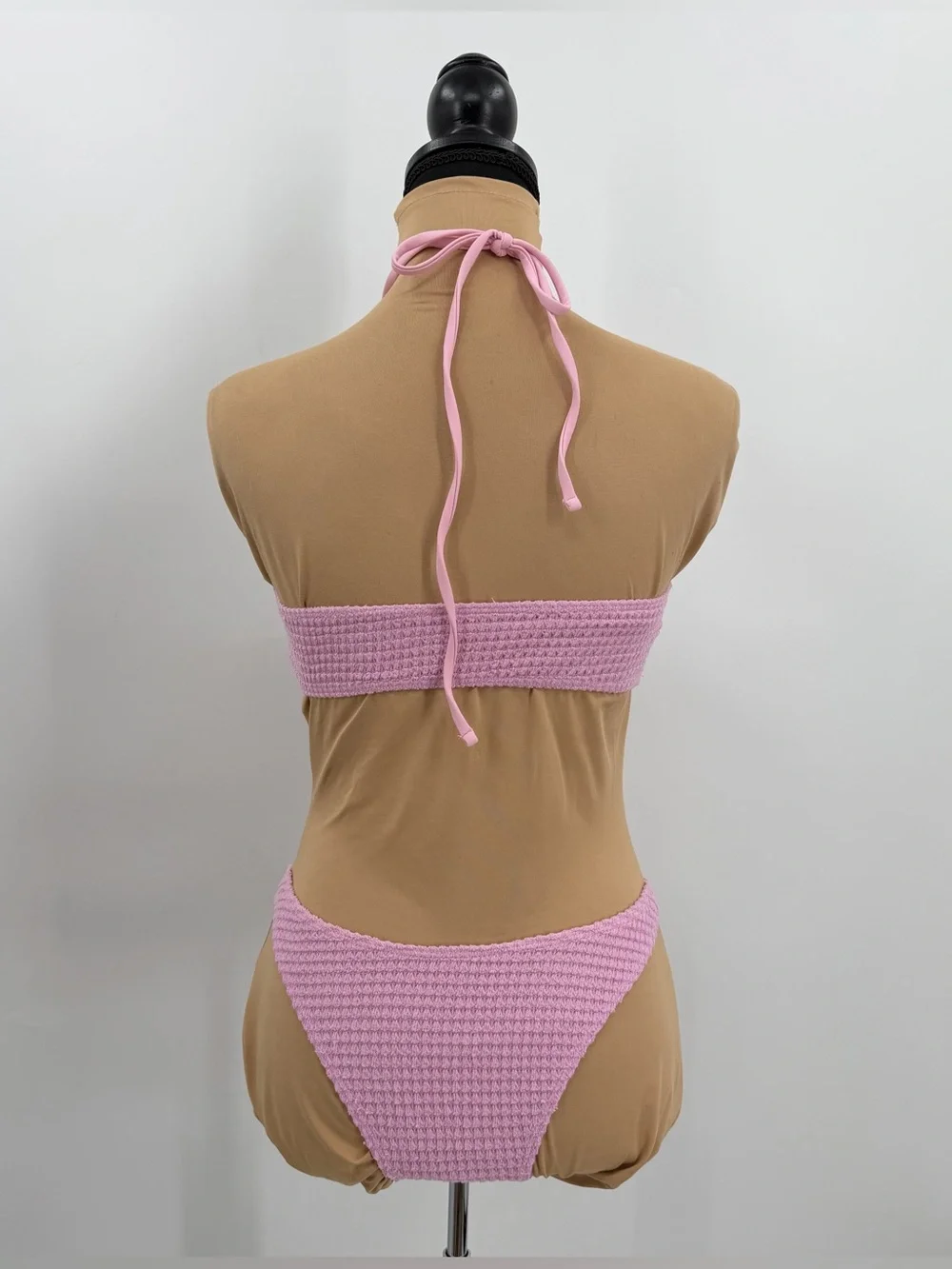 Pink Rosette flower 3 Piece bikini set cover up skirt Textured S vacation resort