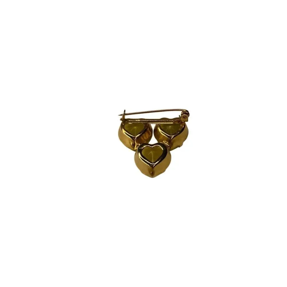 Vintage Gold Tone Triple Heart Brooch Yellow Glass Faceted Stones Pin Jewelry