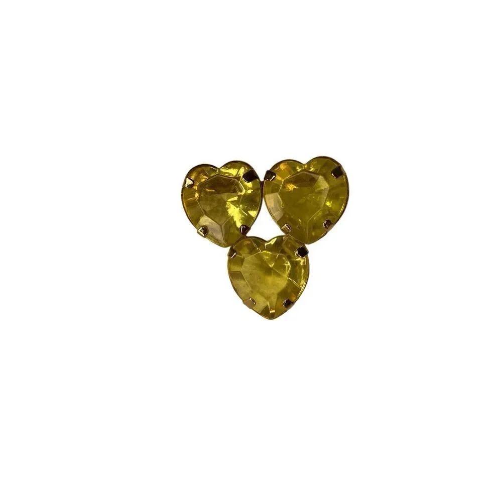 Vintage Gold Tone Triple Heart Brooch Yellow Glass Faceted Stones Pin Jewelry