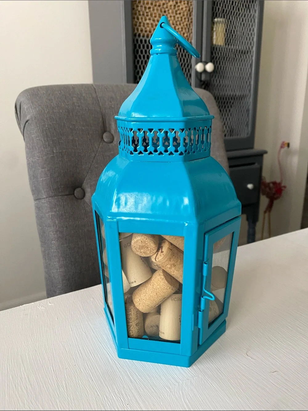 Vibrant Turquoise Metal Lantern with Glass Panels Mystical Magical Caribbean