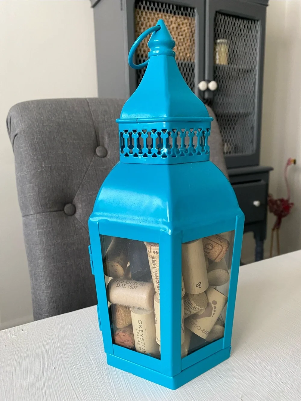 Vibrant Turquoise Metal Lantern with Glass Panels Mystical Magical Caribbean