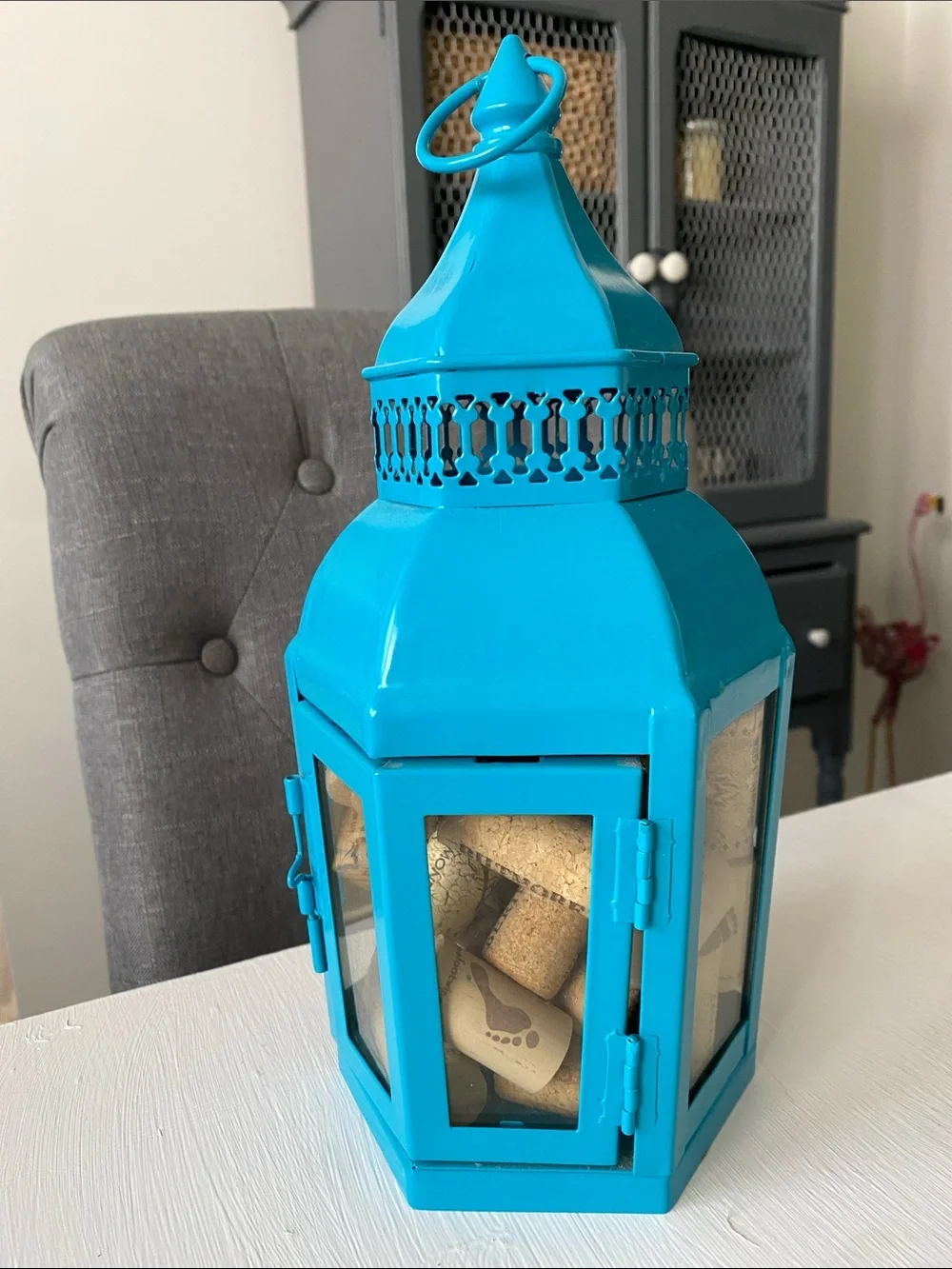 Vibrant Turquoise Metal Lantern with Glass Panels Mystical Magical Caribbean