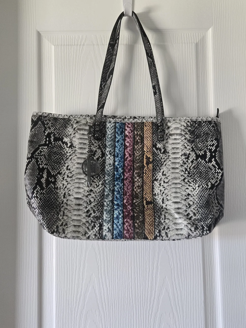 Snake-Print Tote with Multicolor Accent Stripes