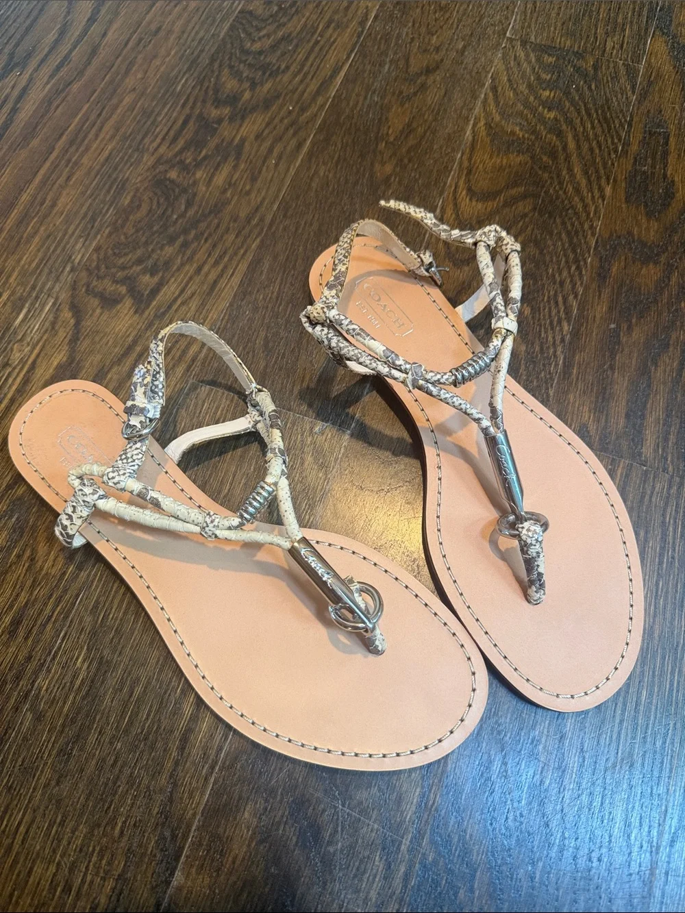 Coach Beige Tan Braided Leather Thong Sandals