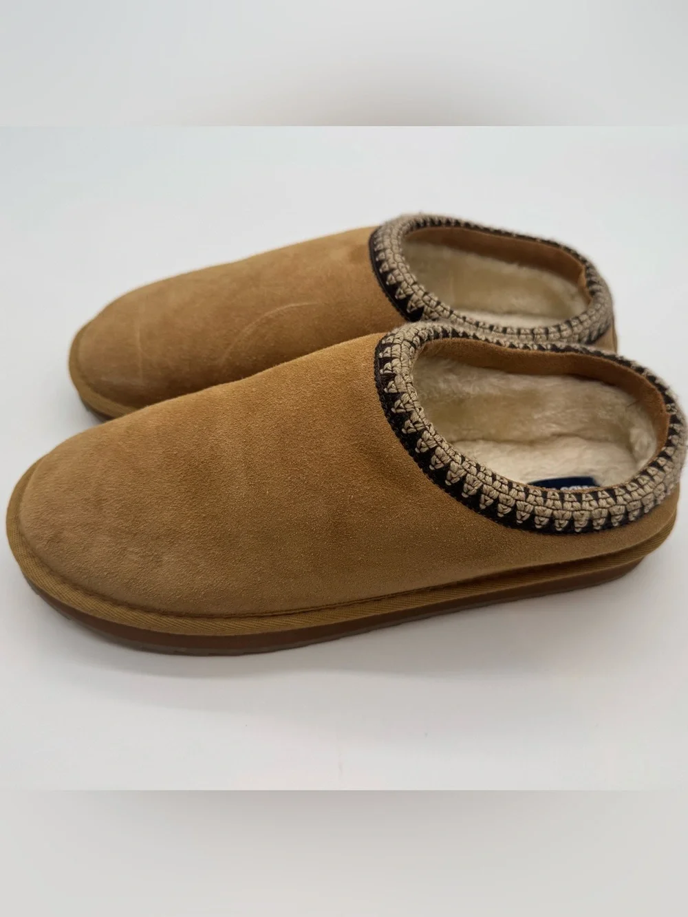 Lands' End Tan Suede Slip-On Slippers with Braided Trim Womens 11 Mens 9 new